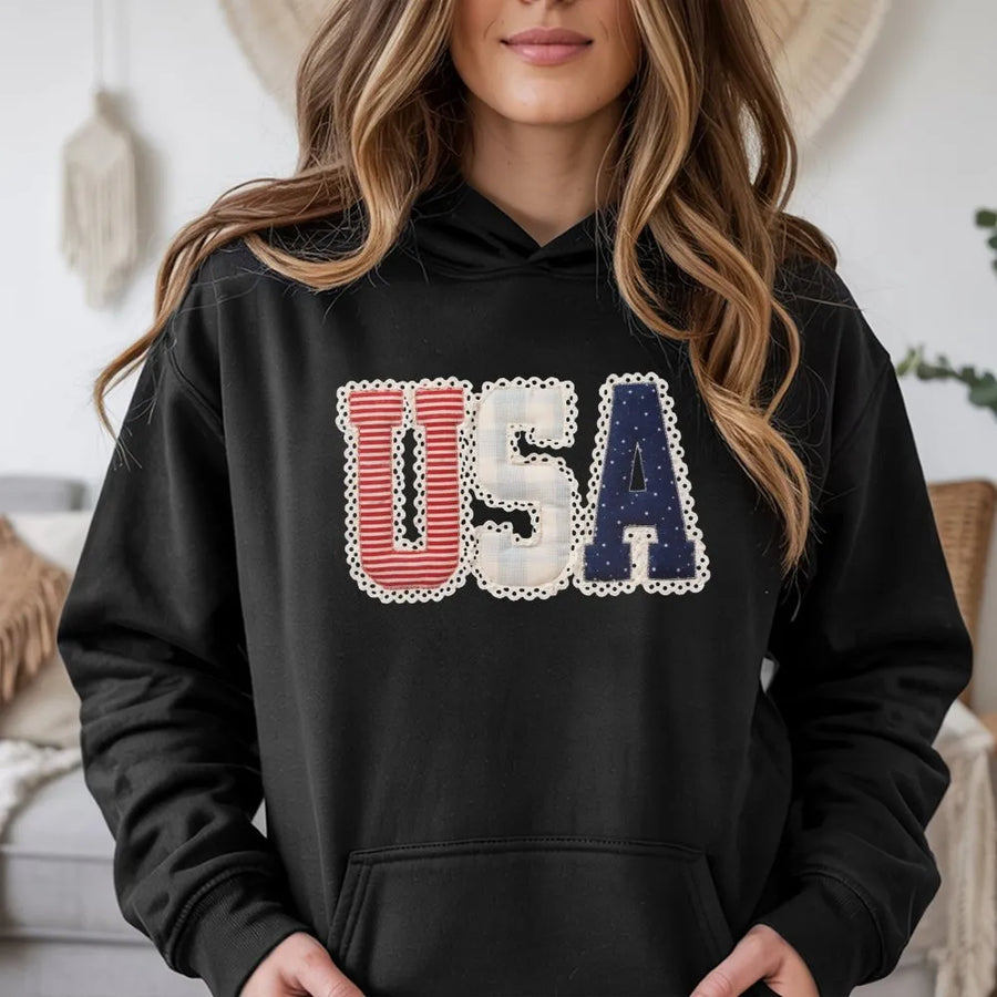 Preppy USA Hoodie | Coquette Faux Patchwork Graphic | Soft Cotton Blend | Patriotic Independence Day Gift for Her