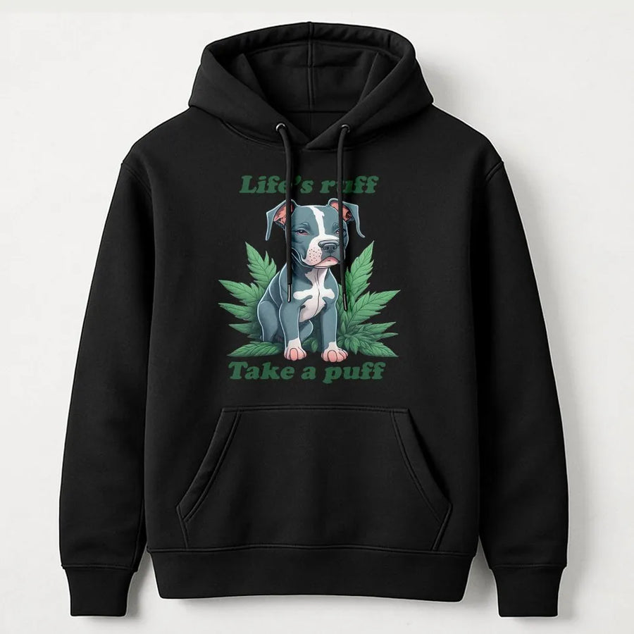 Funny Pitbull Hoodie | Life's Ruff Take a Puff Graphic Crewneck | Soft Cotton Blend | Unique Stoner Gift for Dog Dad