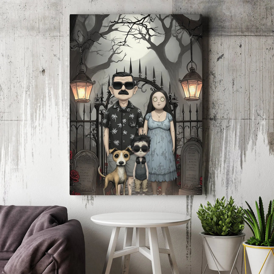 Gothic Family Portrait Canvas Art | Spooky Cemetery Illustration | Premium 1.25 Inch Gallery Wrap | Unique Alternative Home Decor Gift