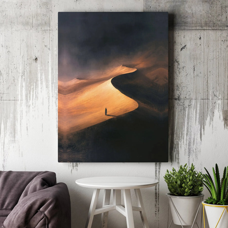 Desert Landscape Canvas Art | Golden Sand Dunes Minimalist Print | Premium Gallery Wrap Wall Decor | Moody Adventure Gift for Home Office