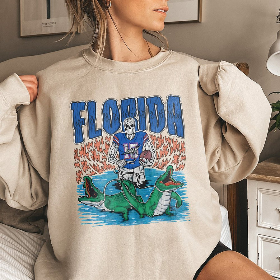 Florida Football Skeleton Sweatshirt | Retro Graphic Alligator Design | Cotton-Poly Premium Blend | Gift For College Sports Fans