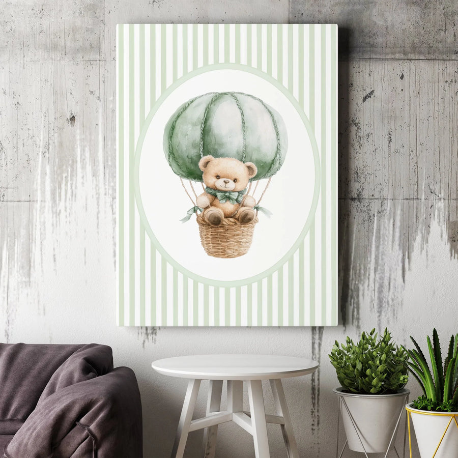 Watercolor Teddy Bear Wall Art | Sage Green Hot Air Balloon Nursery Decor | Gallery Quality 1.25" Canvas | Baby Shower Gift for Kids Room