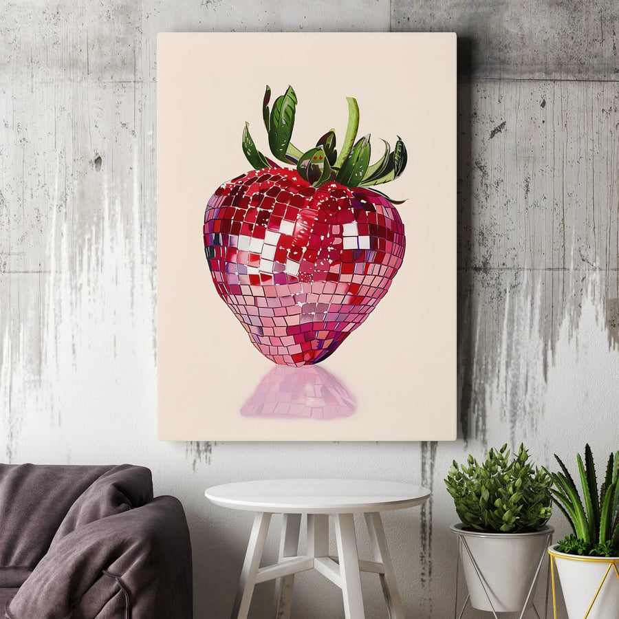 Strawberry Disco Ball Vertical Canvas | Funky Pop Art Print | Premium Thick Gallery Canvas | Unique Kitchen & Bar Wall Decor Gift