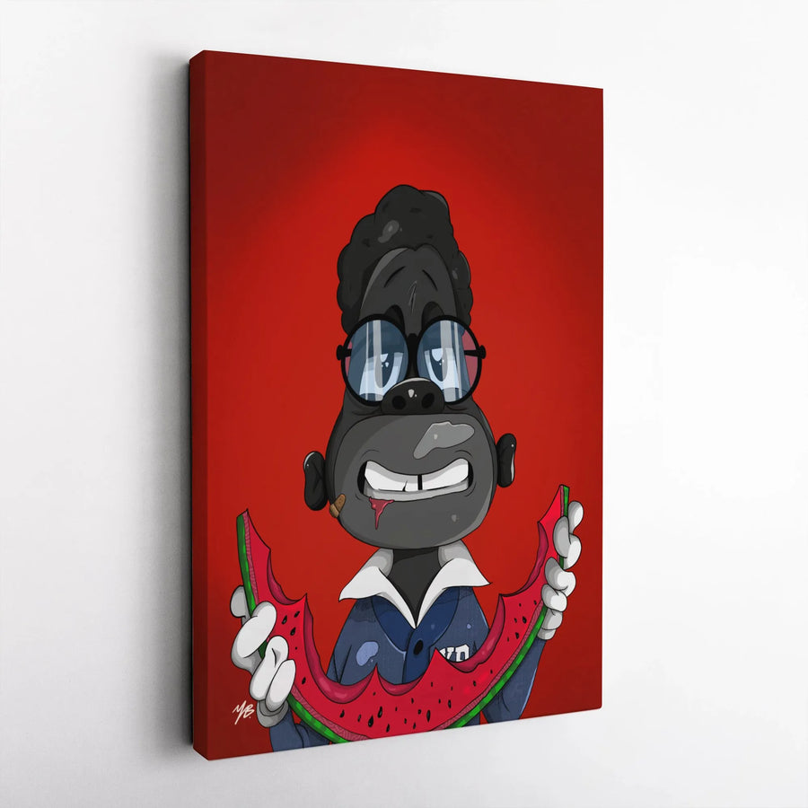 Cartoon Gorilla Canvas Print | Urban Street Art Ape with Watermelon | Premium Gallery Wrapped Canvas | Modern Pop Art Decor Gift for Him