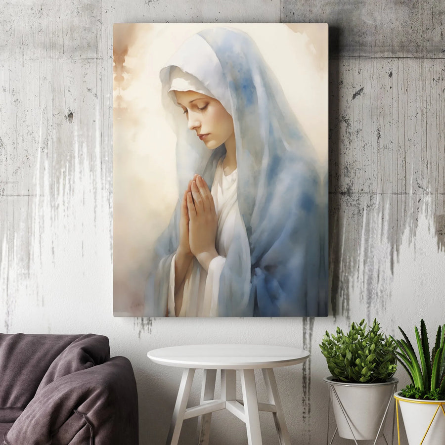 Virgin Mary Canvas Wall Art | Watercolor Praying Madonna Print | Premium 1.25 inch Gallery Wrap | Religious Home Decor Gift