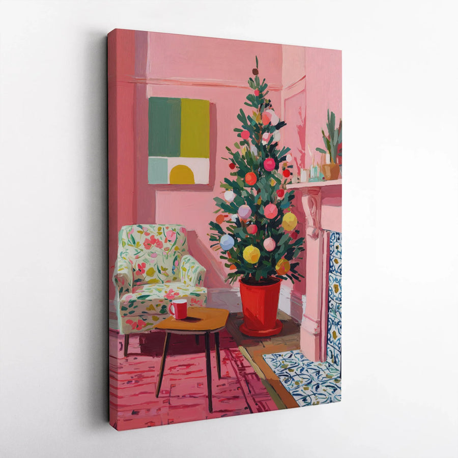 Pink Christmas Living Room Canvas Print | Festive Mid-Century Holiday Decor | Premium Gallery Wrap Wall Art | Seasonal Home Gift for Her