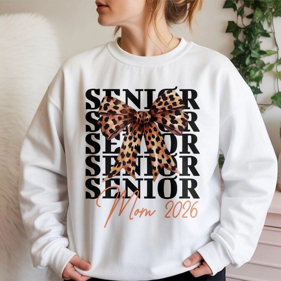 Senior Mom 2026 Sweatshirt | Leopard Print Bow Graphic | Premium Cotton Blend | Gift for Proud Graduate Parent