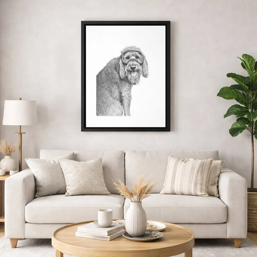 Dog Wearing Goggles Canvas Wall Art | Whimsical Pencil Sketch Illustration | Premium 1.25" Gallery Wrap | Unique Gift for Dog Lovers