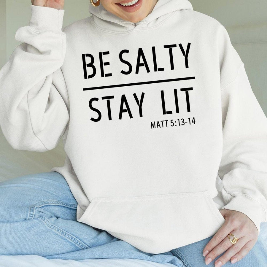 Be Salty Stay Lit Hoodie | Christian Scripture Bible Verse Graphic | Premium Cotton Blend | Faith-Based Gift for Men and Women