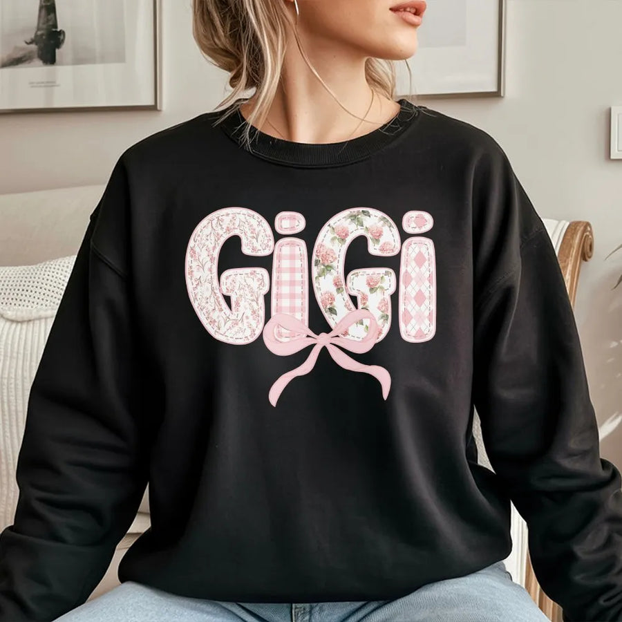 Gigi Sweatshirt | Pink Floral Applique Style Letters | Soft Cotton Blend | Premium Mother's Day Gift for New Grandma