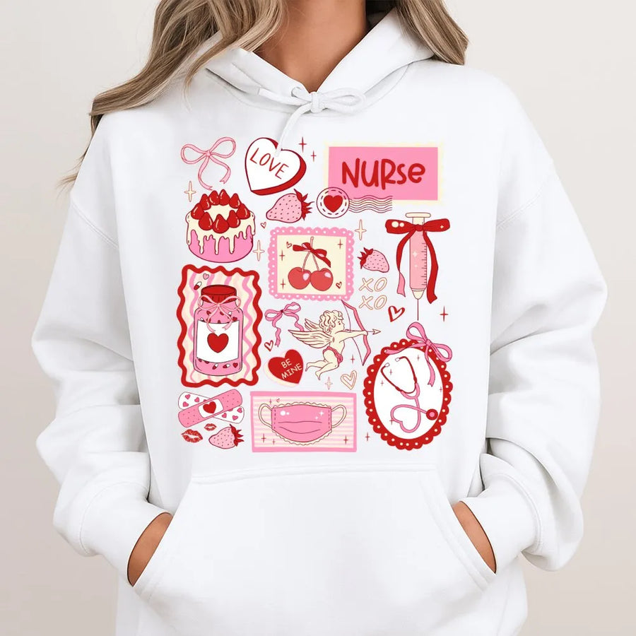 Nurse Valentine Hoodie | Coquette Aesthetic Medical Doodles | Premium Cotton Blend | Cute Healthcare Worker Gift for Her