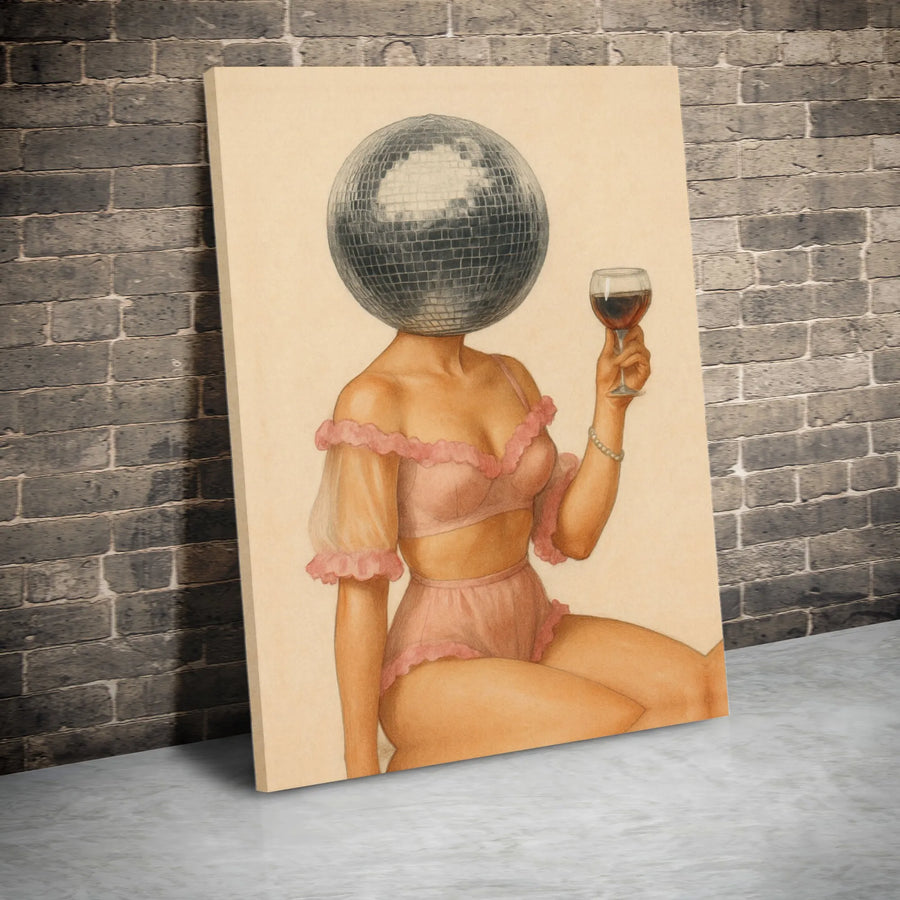 Surreal Disco Ball Head Woman Wall Art | Retro Glamour Aesthetic Print | Gallery Quality 1.25" Thick Canvas | Unique Trendy Gift for Home Decor