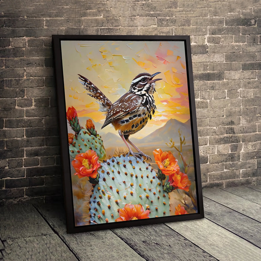 Cactus Wren Wall Art | Impasto Sunrise Desert Landscape Canvas | Premium Textured Gallery Wrap | Southwest Home Decor Gift