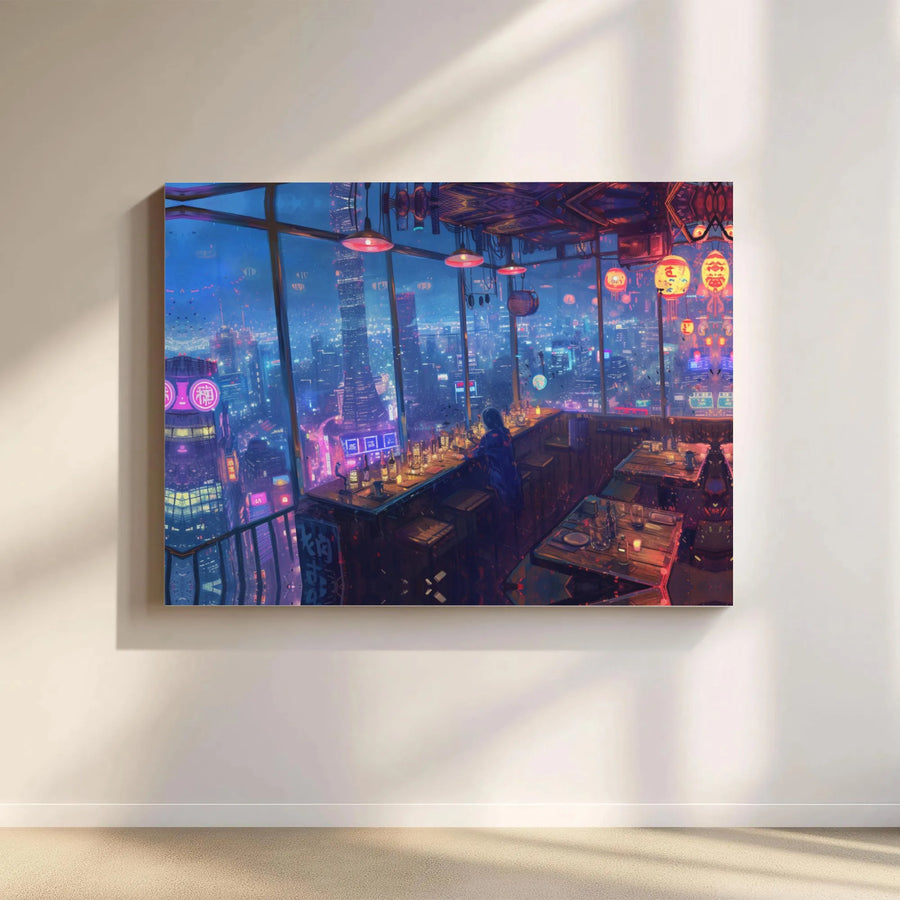 Cyberpunk Cityscape Canvas Art | Lofi Anime Nightlife Skyline | Premium 1.25-Inch Gallery Wrap | Wall Decor Gift for Gamers