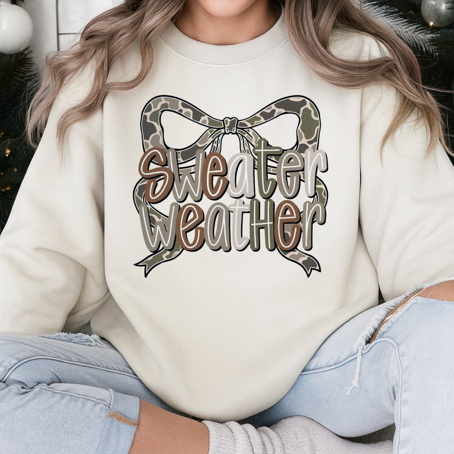 Sweater Weather Sweatshirt | Coquette Camo Bow Graphic Print | Premium Cotton Blend | Fall Aesthetic Gift for Her