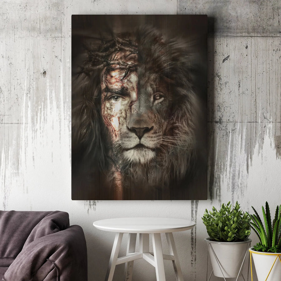 Jesus and Lion of Judah Canvas | Split Face Crown of Thorns Art | Premium Gallery Wrap Wall Decor | Religious Christian Gift for Home Office