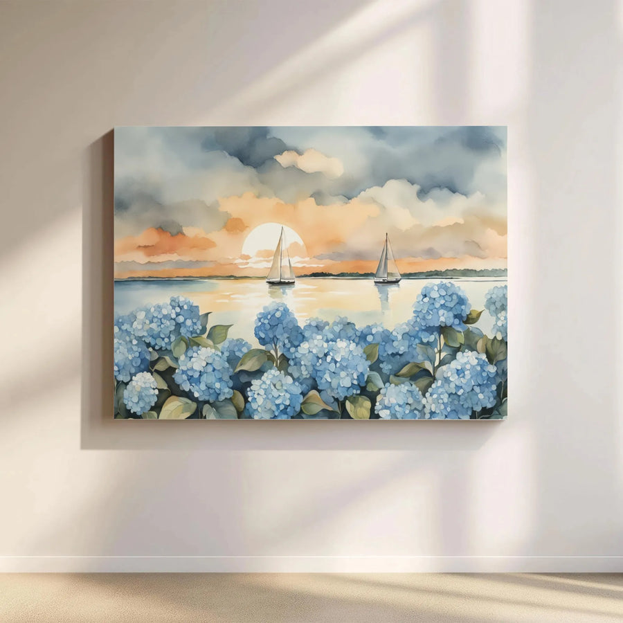 Watercolor Sailboat Canvas Art | Coastal Sunset With Blue Hydrangeas | Premium Gallery Wrap Print | Serene Nautical Wall Decor Gift