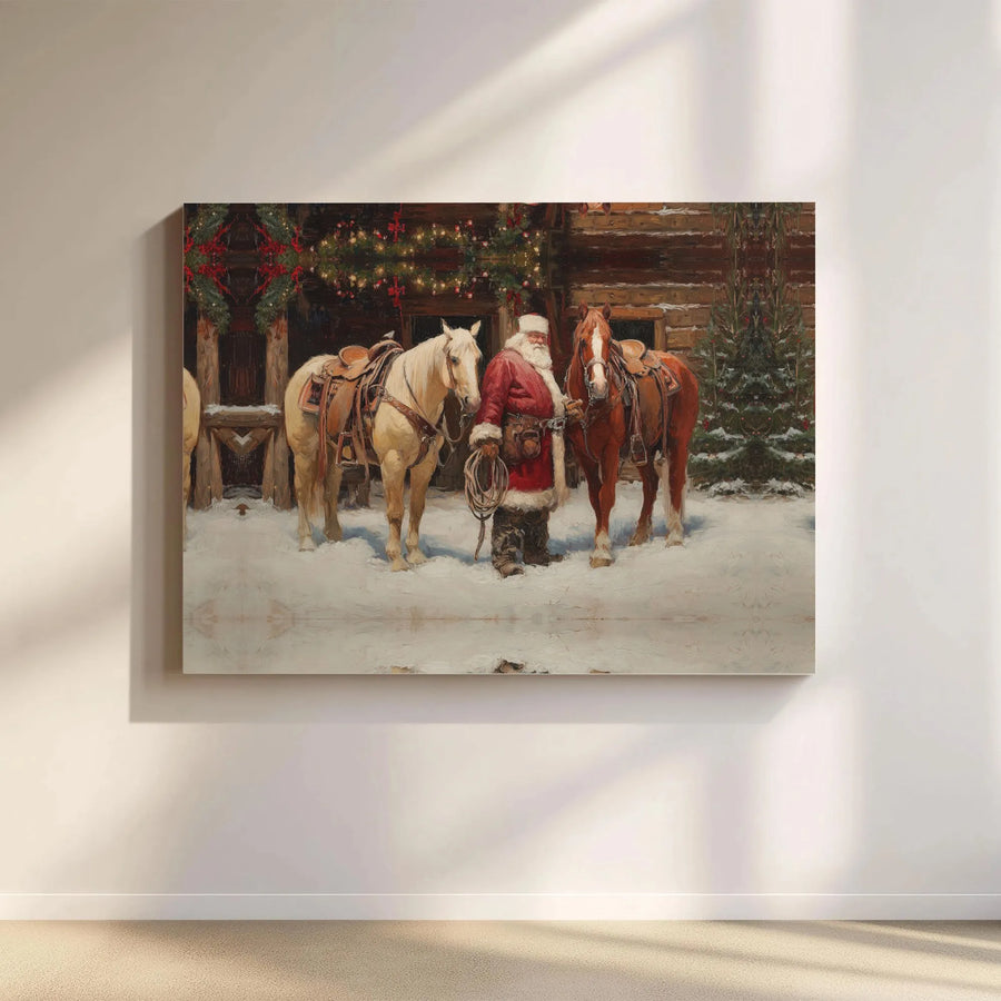 Cowboy Santa Claus Canvas Art | Rustic Western Christmas Wall Decor | Premium Fade-Resistant Print | Holiday Gift for Farmhouse Lovers