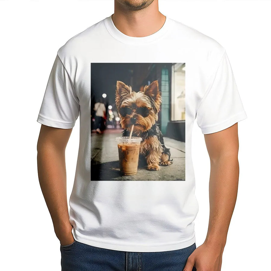 Yorkie Iced Coffee T-Shirt | Cool Dog Wearing Sunglasses Graphic | Premium Cotton Tee | Funny Gift for Dog Lover