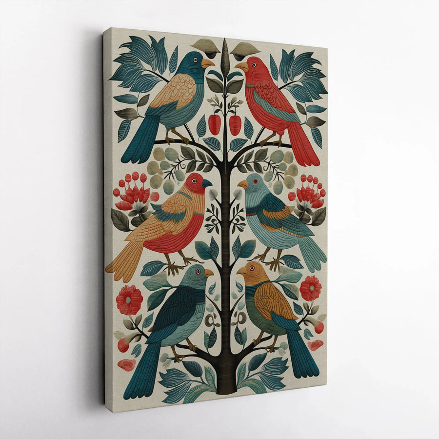 Folk Art Tree Of Life Canvas | Symmetrical Bird Wall Decor | Premium 1.25" Gallery Wrap | Nature-Inspired Home Gift for Art Lovers