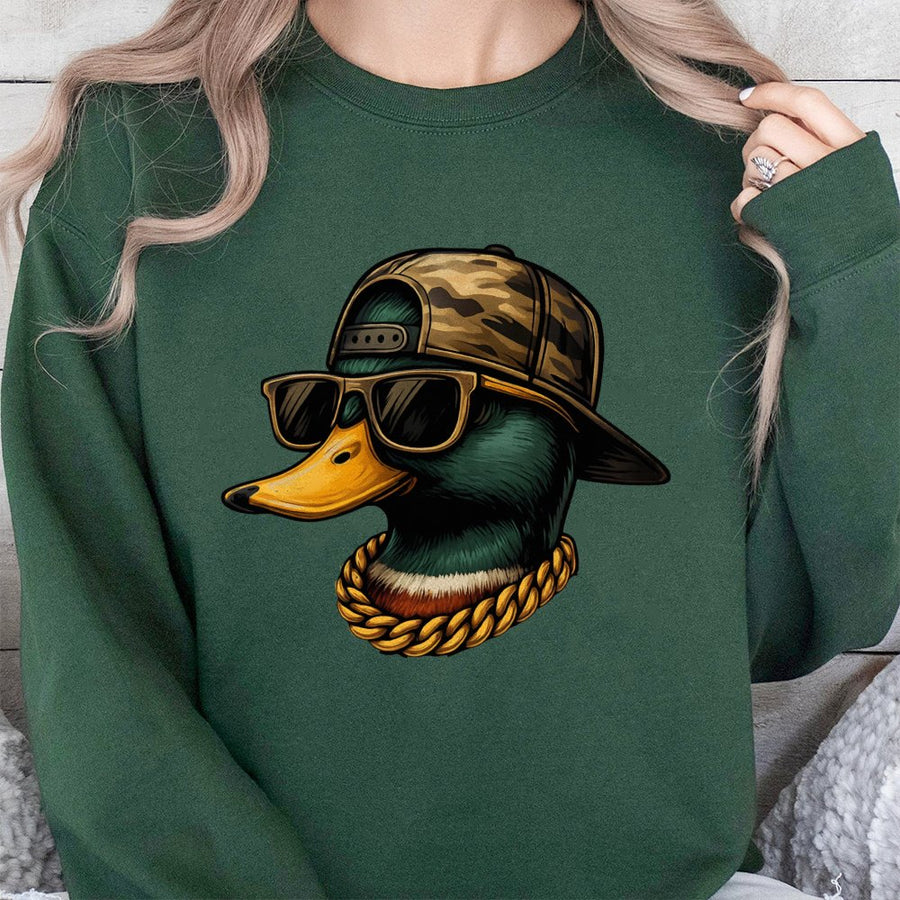 Cool Duck Graphic Sweatshirt | Swag Mallard Bird with Sunglasses & Camo Hat | Premium Cotton Blend | Funny Hunter Gift for Men & Women
