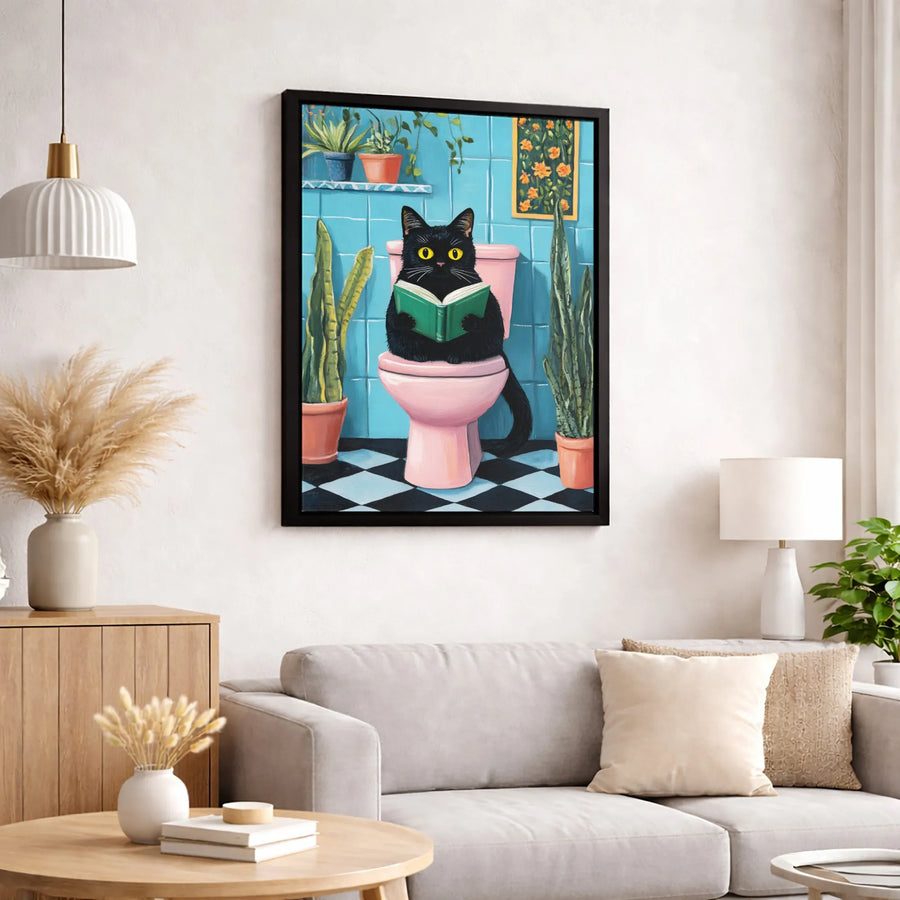 Black Cat Reading Book On Toilet Canvas | Whimsical Bathroom Wall Art | Premium 1.25" Gallery Wrap | Funny Cat Lover Home Decor Gift