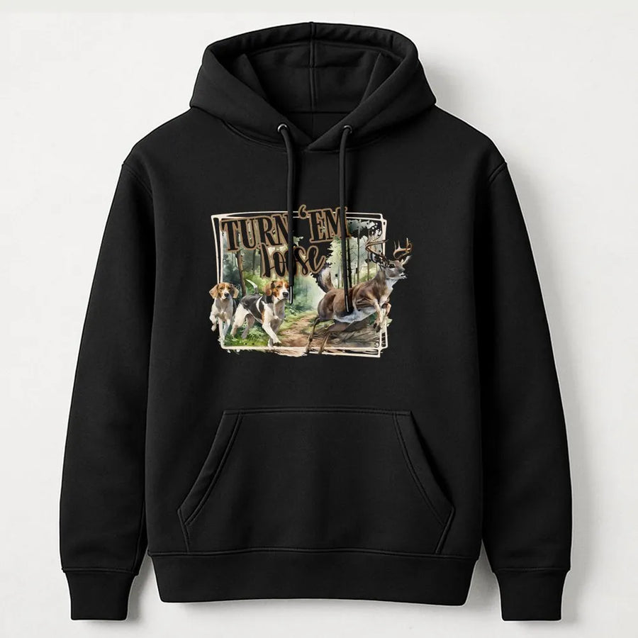 Deer Hunting Hoodie | Turn 'Em Loose Beagle Hound Dog Design | Premium Cotton Blend Sweatshirt | Gift for Hunters and Outdoorsmen