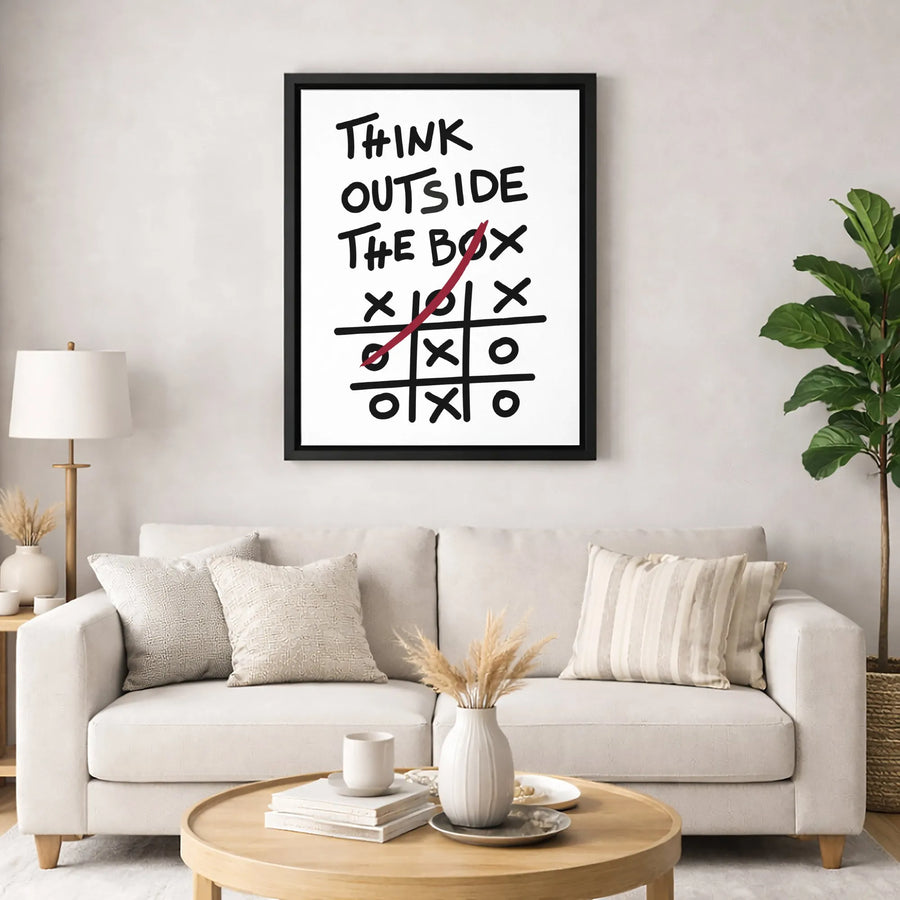 Think Outside The Box Canvas Art | Minimalist Tic Tac Toe Typography Print | Premium Gallery Wrap Wall Decor | Motivational Office Gift for Him