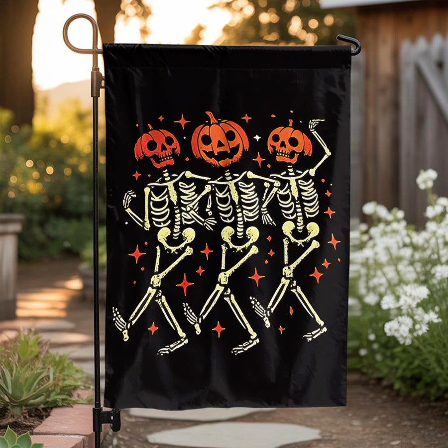 Dancing Skeletons Halloween Garden Flag | Spooky Pumpkin Head Design | Durable Weather-Resistant Polyester | Outdoor Yard Decor Gift