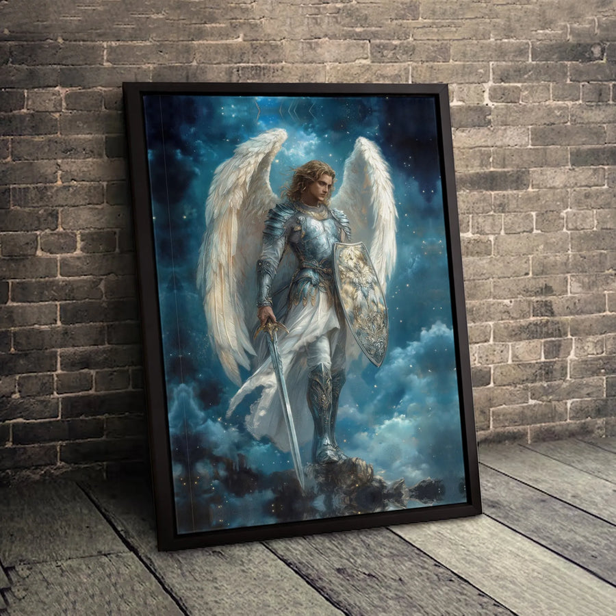 Archangel Michael Canvas Art | Warrior Angel with Sword and Shield | Premium Gallery Wrap Wall Decor | Religious Home Gift for Spiritual Protection