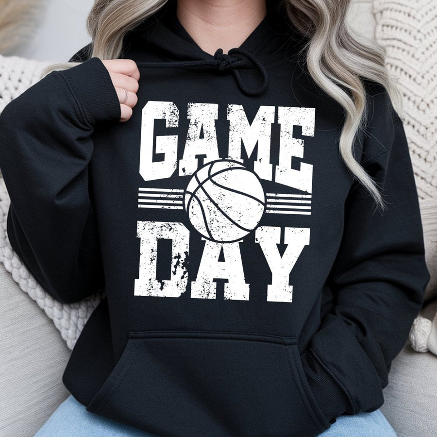Game Day Basketball Hoodie | Distressed Sports Graphic Sweatshirt | Cotton-Polyester Blend | Trendy Apparel Gift for Basketball Fans