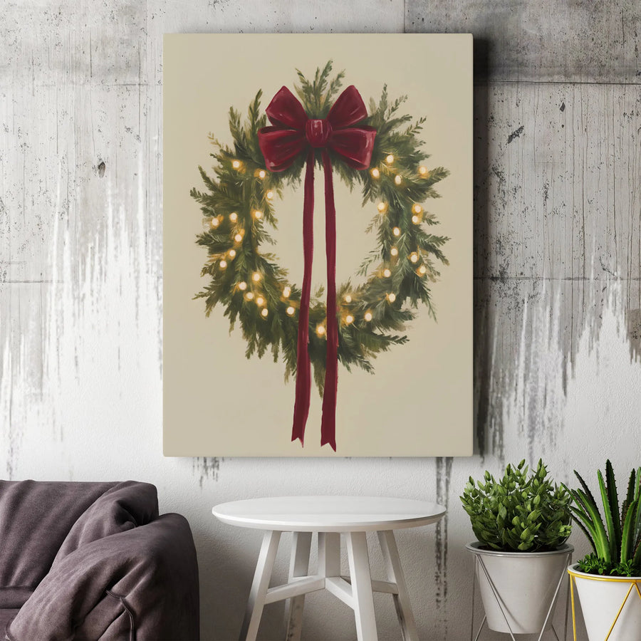 Christmas Wreath Canvas Wall Art | Glowing Fairy Lights & Red Bow Print | Premium Gallery Wrap Decor | Holiday Festive Home Gift