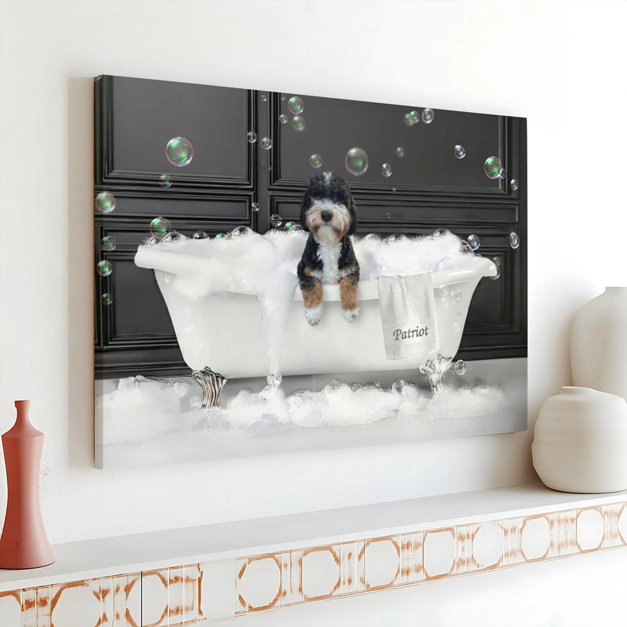 Funny Dog Wall Art | Cute Bernedoodle Puppy in Bubble Bath Canvas Print | Premium Gallery Wrapped Art | Bathroom Decor Gift for Dog Lover