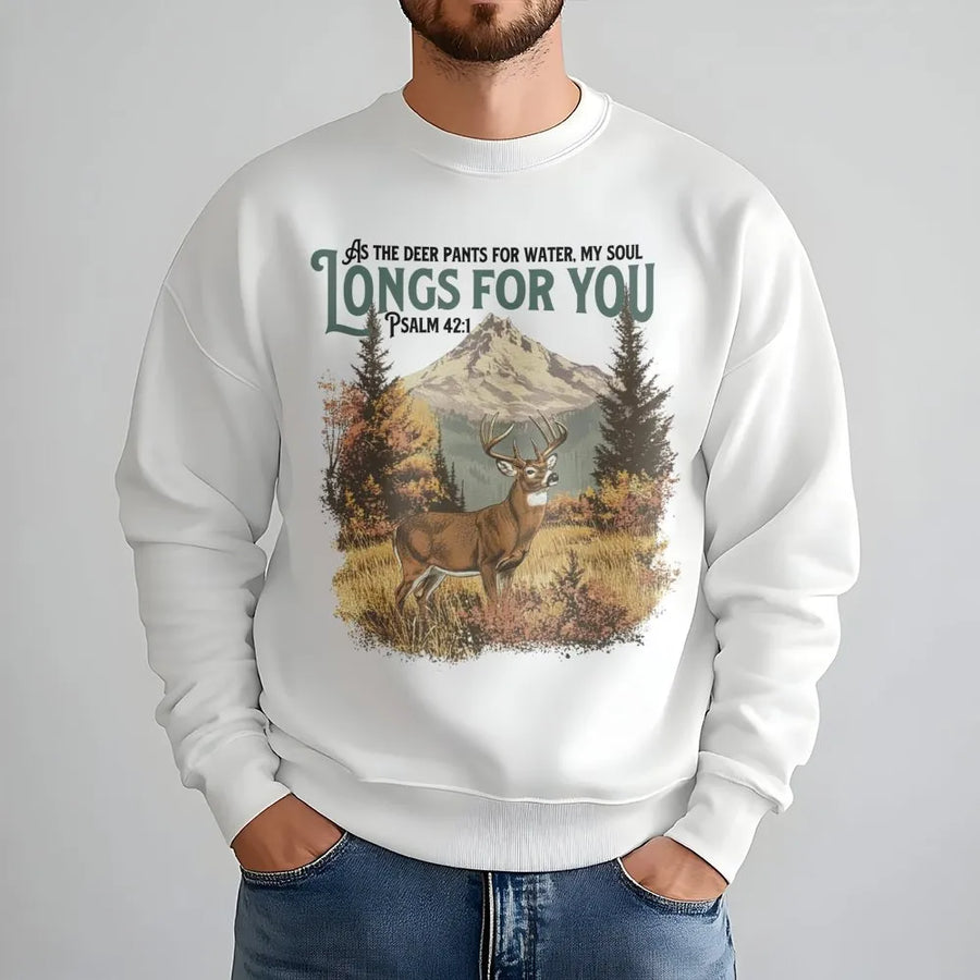 Psalm 42:1 Deer Hunting Sweatshirt | Mountain Forest Wildlife Graphic | Premium Cotton Blend | Christian Gift for Men & Hunters