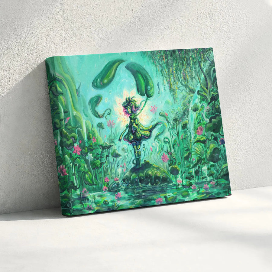 Magical Lotus Fairy Horizontal Canvas | Whimsical Pond & Turtle Art Print | Premium 1.25" Thick Gallery Wrap | Fantasy Wall Decor Gift for Nursery & Kids Room