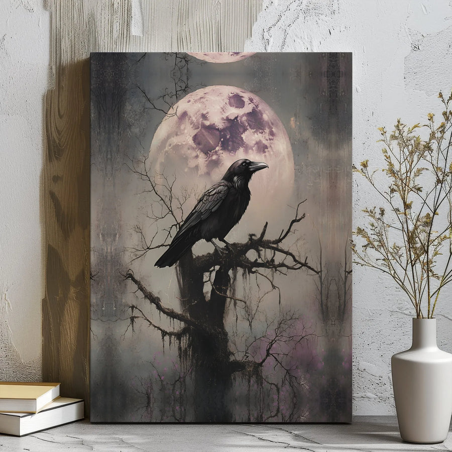 Gothic Raven Canvas Wall Art | Full Moon Dark Forest Design | 1.25-Inch Gallery Wrap | Spooky Home Decor Gift for Dark Academia Lovers