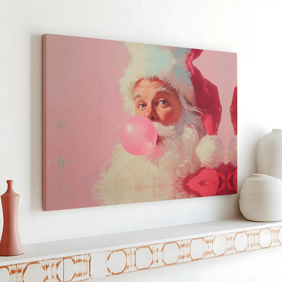 Santa Claus Canvas Wall Art | Bubble Gum Funny Holiday Portrait | Premium Gallery Wrap Print | Whimsical Christmas Decor for Home