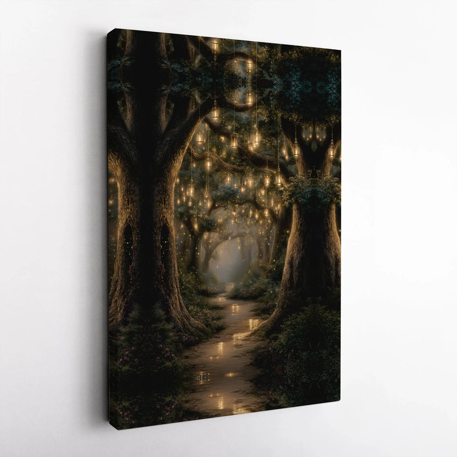 Enchanted Forest Canvas Art | Glowing Lantern Pathway with Fireflies | Premium Gallery Wrapped Canvas | Mystical Fantasy Home Decor Gift