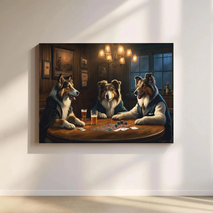 Rough Collie Dogs Playing Poker Canvas | Funny Dog Art in Suits | Premium 1.25 Inch Gallery Wrap | Unique Gift for Dog Lovers & Bar Decor