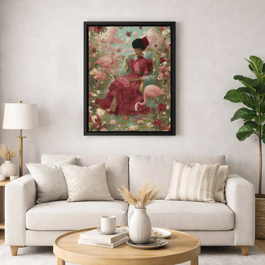 Black Queen Wall Art | Victorian Flamingo Canvas Print | Premium 1.25 Inch Gallery Wrap | Afrocentric Home Decor Gift for Her