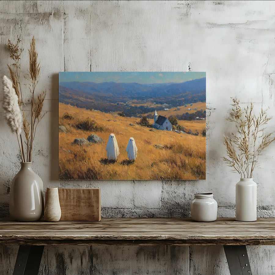 Ghost Canvas Wall Art | Whimsical Spooky Meadow Landscape | Premium Gallery Wrap Print | Halloween Home Decor for Gothic Lovers