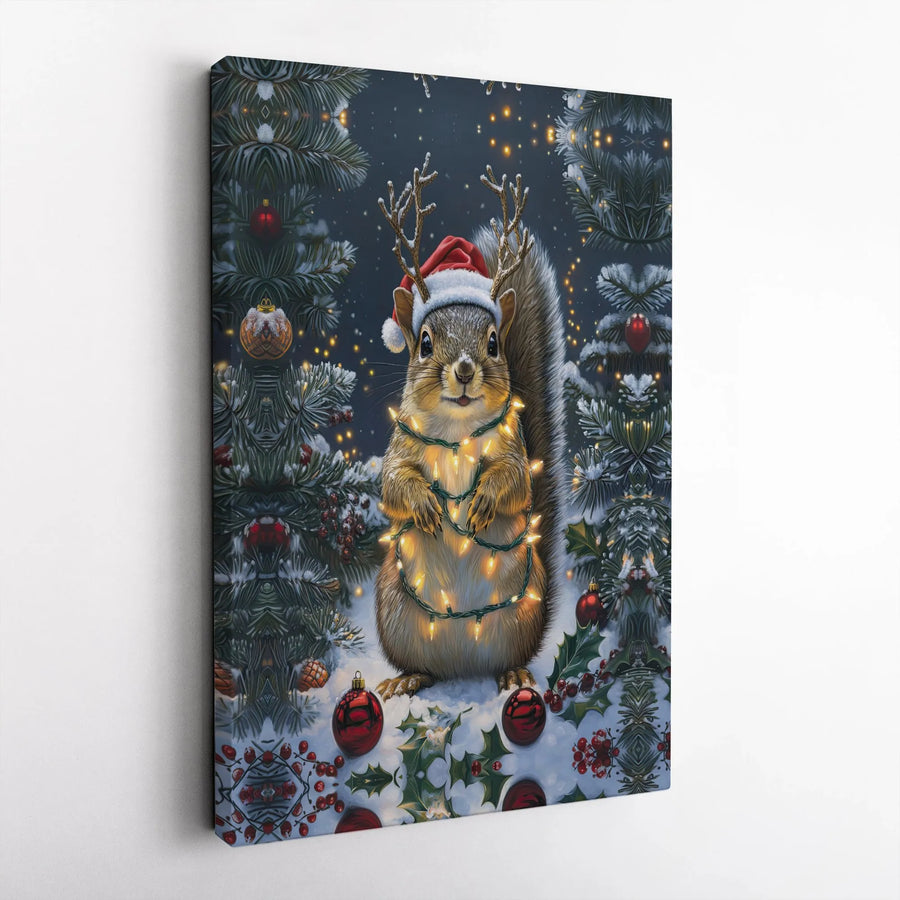 Christmas Squirrel Wall Art | Cute Reindeer Antler Animal Portrait | Premium Gallery Wrapped Canvas | Festive Holiday Home Decor Gift
