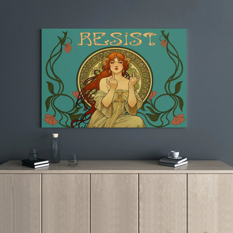 Resist Canvas Wall Art | Art Nouveau Woman Middle Finger Print | Premium Gallery Wrap Decor | Feminist Statement Gift for Home Office