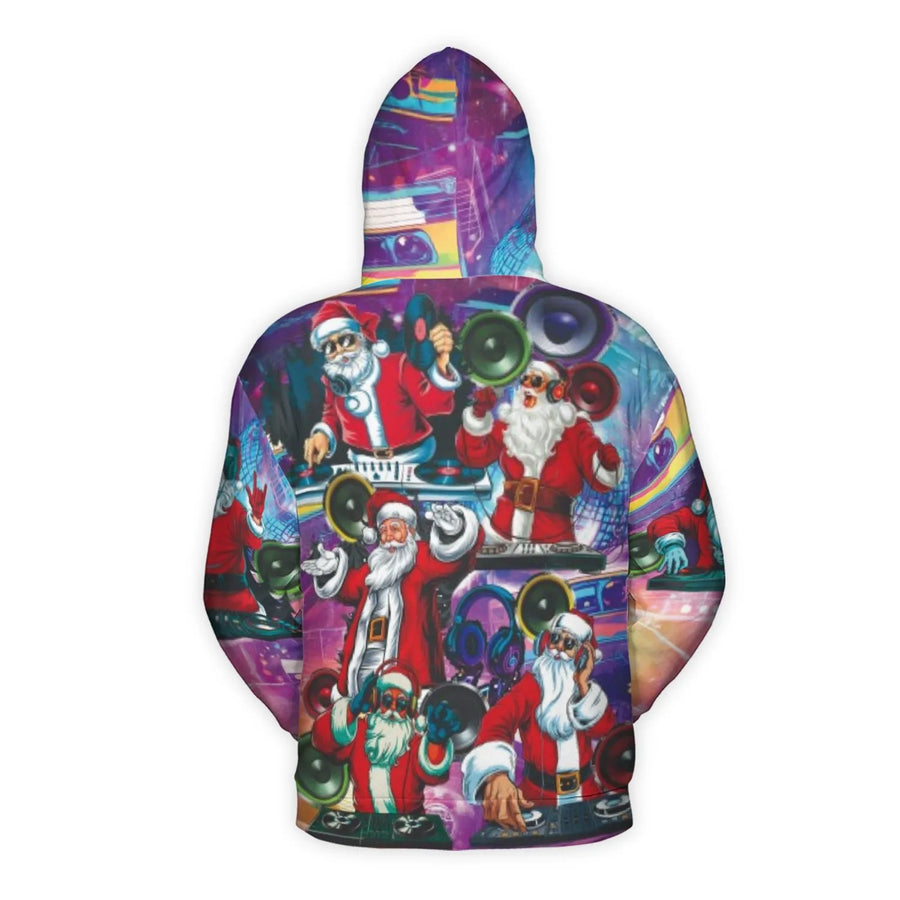 DJ Santa Claus Hoodie | Retro Music Party Graphic Print | Premium Brushed Fleece Polyester | Unisex Christmas Gift for Music Lovers