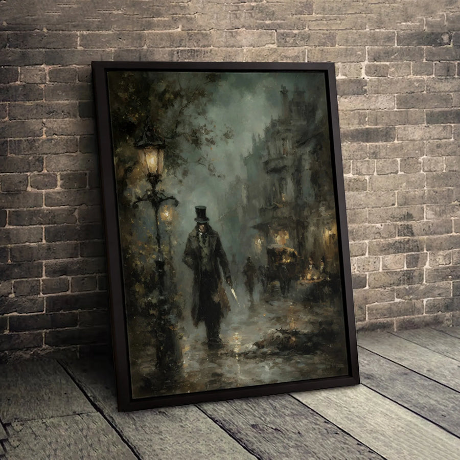 Victorian London Canvas Art | Foggy Cobblestone Street Silhouette | Premium Fade-Resistant Print | Moody Dark Academia Home Decor