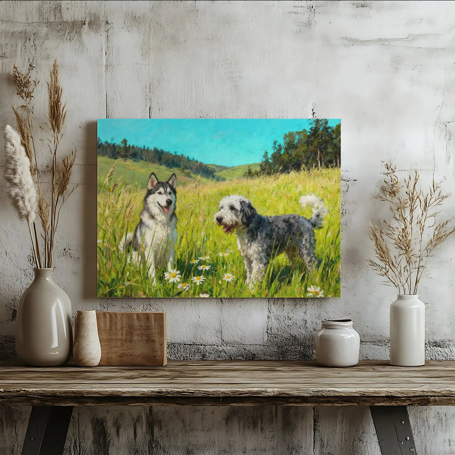 Siberian Husky and Sheepadoodle Dog Canvas Wall Art | Impressionist Daisy Field Painting | Gallery Wrapped Premium Quality | Gift for Dog Lovers