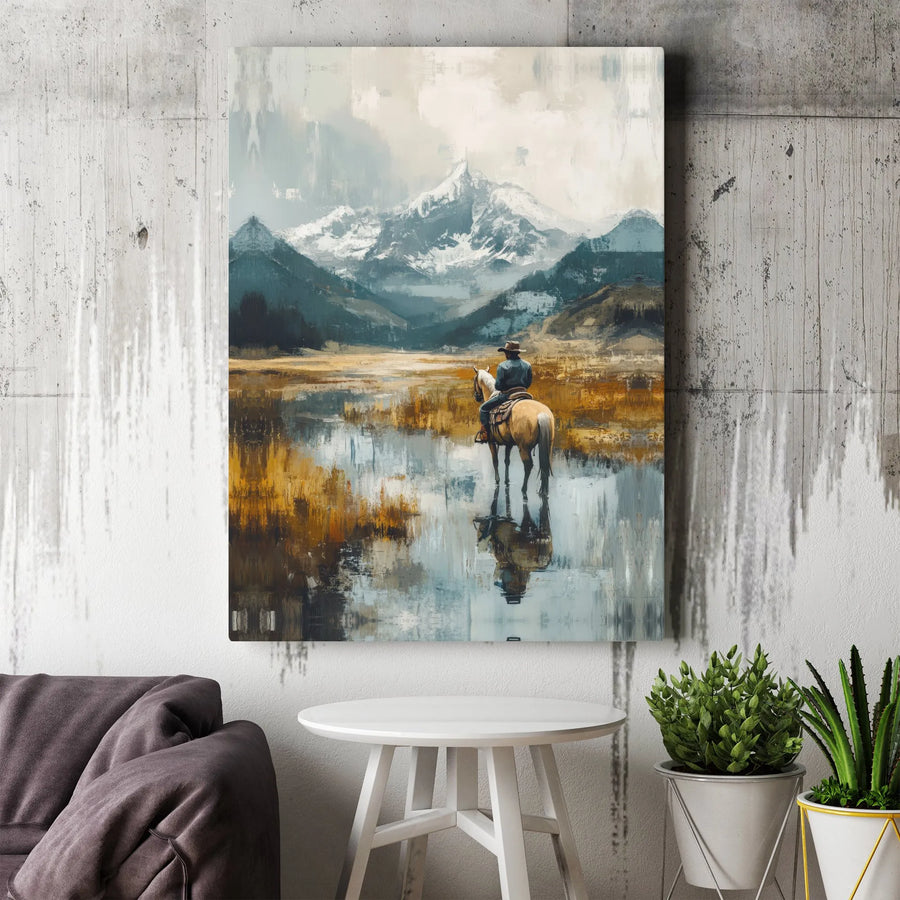 Western Cowboy Canvas Art | Lone Rider Mountain Landscape | Premium Gallery Wrap Wall Decor | Rustic Lodge Living Room Gift