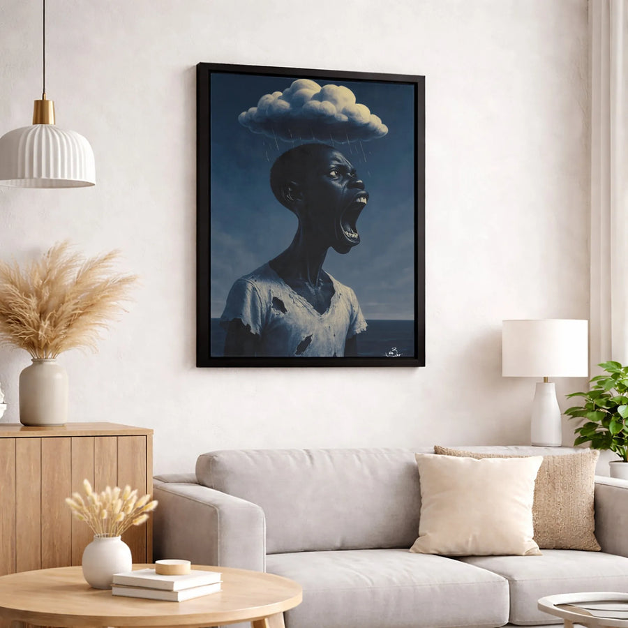 Surreal Emotional Wall Art | Man Under Rain Cloud Canvas Print | Gallery-Quality 1.25 Inch Wrap | Moody Expressionist Home Decor
