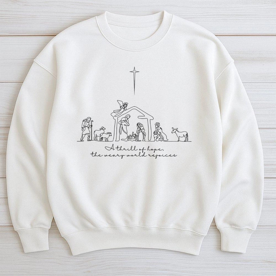 A Thrill Of Hope Christmas Sweatshirt | Minimalist Nativity Scene Line Art | Premium Cotton Blend | Christian Faith Holiday Gift For Women And Men