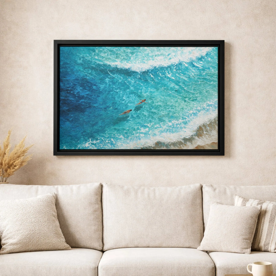 Ocean Swimmers Canvas Print | Aerial Coastal Blue Waves Art | Premium Gallery-Wrapped Wall Decor | Beach House Home Decor